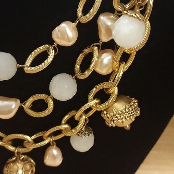 Gold triple multi chain layered bead necklace vintage - Picture 5 of 7